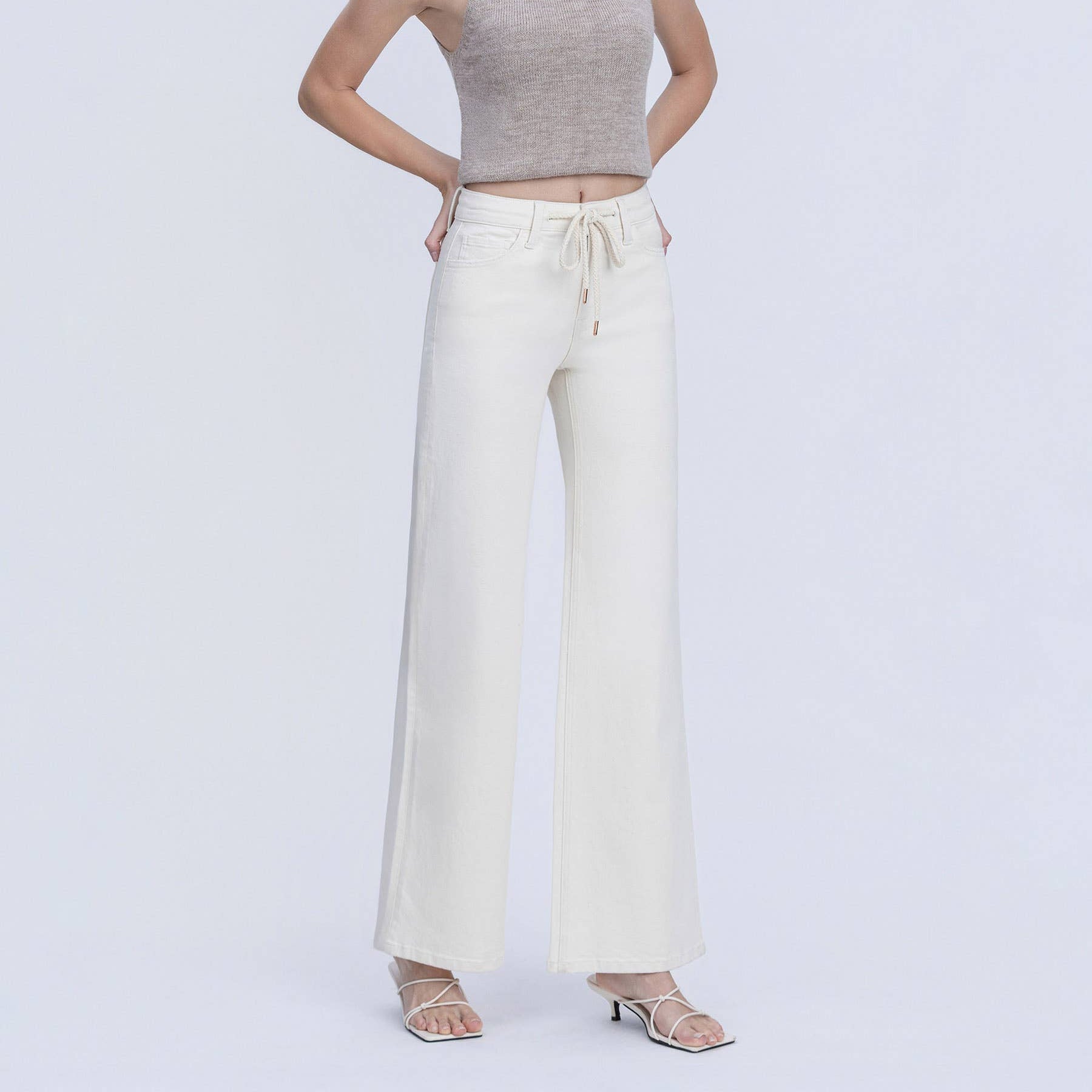 Hochgeschnittene Wide Leg Jeans In Naturtönen Mit Kordelzug